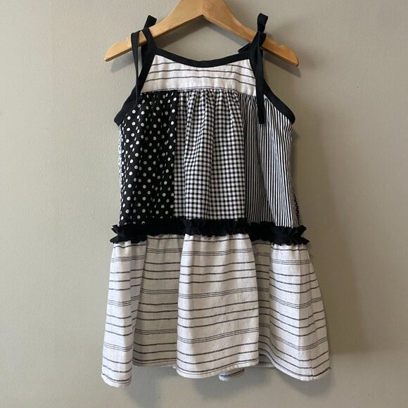 Handmade Children's Cotton Linen Black White Mixed Pattern Tie Strap Dress - Picture 2 of 13